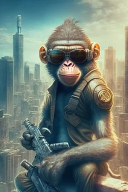 criminal monkey with a machinegun and sunglasses. Realistic image, City Background