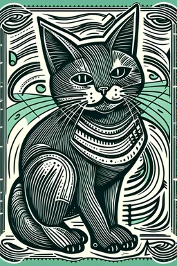 Graphic art linocut style cat with music. Very simple and the cat must be a cartoon