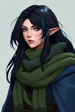 Female Human bard wearing a blue cloak and green scarf, long black hair with blue highlights