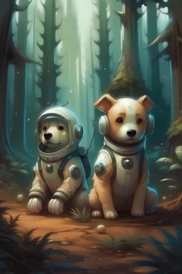 cute dog headed humanoids in space suits, pine forest, loish,