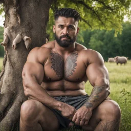 extreme close up of a 28 year old turkish farmer tattoed, sturdy, hairy very muscular beefy, with very short beard ,dreadlocks , big nose, big shoulders , big arms, relaxes sitting leaning against a tree in the middle of a meadow full of pigs, shirtless with ruined old shorts, strong and muscular hairy legs, bare feet, photorealistic bucolic scene, view from the bottom, looking at camera