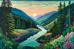 a dramatic, highly detailed painting of a lush Pacific Northwest forested river valley landscape in the pale light of dawn, in the style of David Hockney, and Sam Lewis Francis mixed with random Zentangle patterns, rich natural colors, museum quality masterpiece