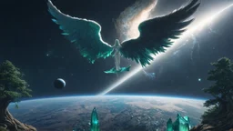 matrix universe, space, planets, god creation, angels from other dimensions with beautiful wings, trees on the planet, behind green crystals of light, few tiberium monolith deposits on the planet near tree,