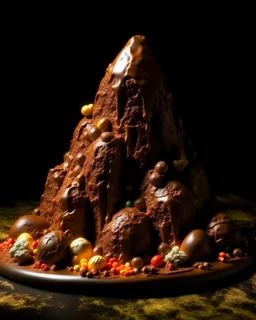 A brownish bronze mountain made out of candy and chocolate designed in cave paintings painted by Albrecht Durer