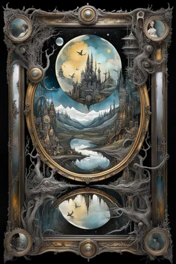 full monn reflections in big antique brocken mirror, mixed media portrayal blending Quentin Blake's whimsy with El Kazovszkij's dystopian surrealism, thryller and Raymond Swanland's dynamic artistry, encased in a quadratura-style frame reminiscent of Caldecott's narrative illustration, set against a dark fantasy and steampunk backdrop by Abigail Penner