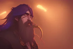 boisterous braided long haired bearded tall man wearing gold rings and long fur trimmed merchant's coat, dark background, dynamic lighting, full body character design, glowing eyes