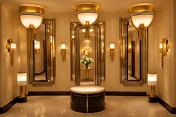 An Art Deco Foyer with mirrors and brass sconces, incandescent, gleaming