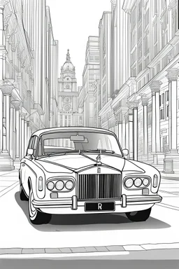 outline art for an adults coloring page, Rolls-Royce Silver Shadow in a City Square , white background,detailed sketch style,no color , only use outline, clean art , white background, no shadows and clear well outlined,