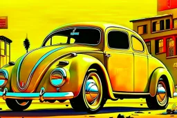 volks wagen beetle , classic model, paint shining yellow, big wheels, aeodinamic kit, , style cartoon