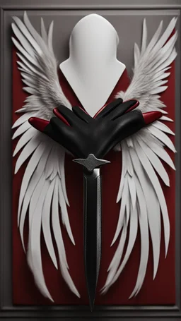 White clipped wings on a red fabric, next to scissors and black leather gloves. Cinematic image