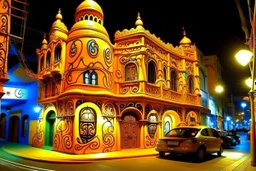 An orange colored electrical town with traffic lights designed in Mehndi design painted by Salvador Dali