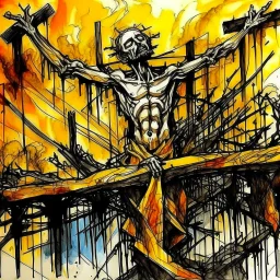 Dramatic watercolor and pen, fine strokes, high shock value image, social deconstruction through deceit and deception hit us with the pointing stick - golden arches crucifix, sci-fi noir aesthetic, dramatic, complex contrast, dynamic composition; oddball masterpiece, sfumato, sinister,