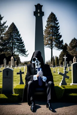 photo of a hoodless grim reaper wearing a suit, highlighting shiny areas of the skull, sitting outside a cemetery with a welcome sign, wearing suit, rim lighting, studio lighting, looking at the camera, dslr, ultra quality, sharp focus, tack sharp, dof, film grain, Fujifilm XT3, crystal clear, 8K UHD, clean, orange evening lighting