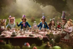 the mad hatter's tea party, long table, the mad hatter, the march hare, alice, the cheshire cat, alice in wonderland, signpost pointing in different directions, orbs of light, tea pot, teacup, film still