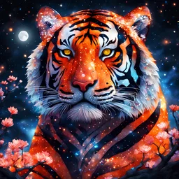 Close up of a TIGER made of bright orange and black crystals and stained glass in a double exposure with galactic cosmic background and a glowing sakura tree in the moonlight, night starry sky, the moon light on the TIGER like a spotlight, fire and water particles in air, digital painting, sharp focus, high contrast, bright vibrant colors, cinematic masterpiece, shallow depth of field, bokeh, sparks, glitter, 16k resolution, photorealistic, intricate details, dramatic natural lighting