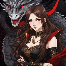 Icon or avatar. An arrogant looking young woman with pale skin and long brown hair in a fantasy setting with intricate details. She is smirking, wearing black and read leather, has red eyes, an air of malevolent power surrounds her. There is a dragon flying in the background. Anime style. High definition.