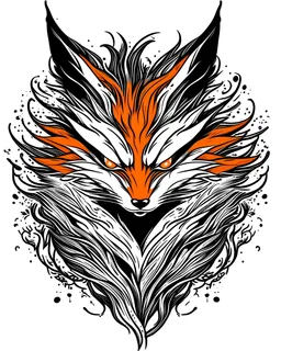 9 tailed fox, aggressive looking, wild, brutal, centered, empty background, high detail, anime style, 2d, line art, black white and orange