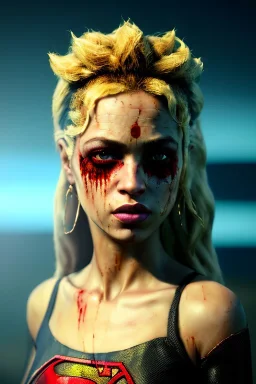 portrait, sweet Shakira, make-up, angry, Realistic image, retro pop, 60s, supergirl, blood, sweat, fog, goddess. Black background, photo studio, concept art, smooth, unreal engine 5, god lights, ray tracing, RTX, lumen lighting, ultra detail, volumetric lighting, 3d, finely drawn, high definition, 4k.