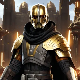 star wars bald male corellian jedi pilot wearing black and gunmetal grey old republic armored robes with gold trim, alone, battle-ready Jedi Master defending a ruined ancient city surrounded by golden light, centered head and shoulders portrait, hyperdetailed, dynamic lighting, hyperdetailed background, 8k resolution, volumetric lighting, light skin, fully symmetric details