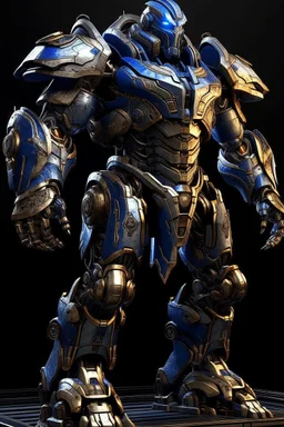 Ironclad stands at an imposing 8 feet tall and is heavily armored with a combination of sleek metallic plating and blue energy accents. Its body is adorned with a polished, reflective surface, giving it a distinct and imposing presence on the battlefield. His waist is snatched. His design is like Nullsector from Overwatch