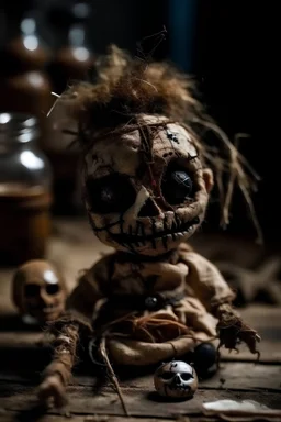 whole voodoo doll, its face shows wickedness and is scary, very damaged, made of all kinds of dirty things and needles poking it, dirt environment, made of darkness, infinitely dark and sad. melancholy. in the background of the image, papa legba looks at his work.