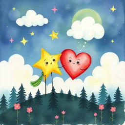 star-buddy and a heart-buddy with clouds in the forest-of-feelings, watercolor