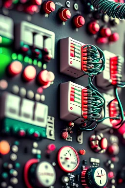 A close-up of an electrical hub with toggle switches, cables, multimeters and lamps, decorated for Christmas with balloons and streamers