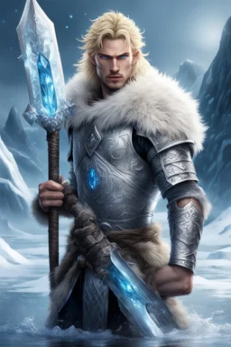 1 anime man. warrior, with blue eyes and blonde hair man in silver Viking armor with fur around the neck with blue crystal on his chest, standing in water in the artic, holding a ice axe, warrior in anime style,