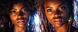 Close portrait, From the shadows, they rise, with a spark in their eyes, Ethereal echoes of a world we once knew, With the glam and the glamor, we reach for the skies, Cosmic rhythms pull us through, [Chorus] Suti came for our world, with the power to ignite, Dancing through the stars, we find our light.