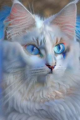 Attractive white cat with blue eyes and white feathers around it