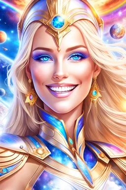 cosmic woman smile, admiral from the future, one fine whole face, crystalline skin, expressive blue eyes,rainbow, smiling lips, very nice smile, costume pleiadian, Beautiful tall woman pleiadian Galactic commander, ship, perfect datailed golden galactic suit, high rank, long blond hair, hand whit five perfect detailed finger, amazing big blue eyes, smilling mouth, high drfinition lips, cosmic happiness, bright colors, blue, pink, gold, jewels, realist, high commander,ufo rainbows