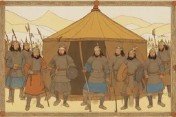 Mongol warriors around Genghis Khan in his yurt 1240s.