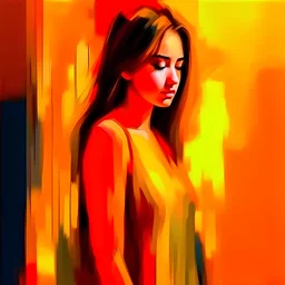 Abstract painting , blurred image of girl's figure, warm color , modern painting , oil color