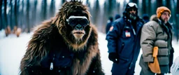 close up documentary photography, Baby Yeti, young curious Bigfoot, scientist, Dystopian, Hyper detailed, realistic fur, Japanese, Extreme depth of field, bokeh blur, winter, blizzard, Alberta, all-natural, in the style of candid, imperfection, natural lighting, Professional shot, shot on Agfa, Fuji Film, Anamorphic lens, 1990s, --ar 4:5 --w 150 --style raw