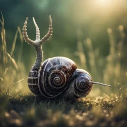 mummified snail constructed with the bones of reindeer in the style of Giger, in t-pose made from tinted murano glass in long grass ,bokeh like f/0.8, tilt-shift lens 8k,*-