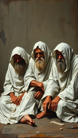 Bosch painting style, a 3 mentally ill men wearing dirty white robe sitting on the floor