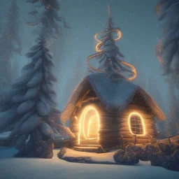 Mysterious christmas night, a small lonely hut, surreal atmosphere, cosmic backdrop, celestial ambience, soft lighting, very chilly appearance of the surroundings, unreal engine 5 volumetric lighting, intricate details, realistic style, 8k resolution