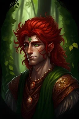 Portrait of wood elf druid warrior male, red hair in baldur's gate style