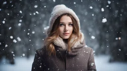Beautiful young woman in warm clothes on dark background with falling snow