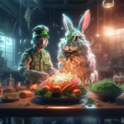 portrait of chopped crazy scientist and army officer irradiating levitating food inside grove with huge fluffy hare with nightmare mutations, 4 k, down-light, soft light, depth of field, photo realism, trending on art station, high detail, spray paint