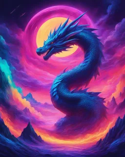 Dragon in a vibrant synthwave dreamscape, neon chaos swirling energetically around pixelated forms, a dynamic fusion of retro gaming nostalgia and futuristic abstraction