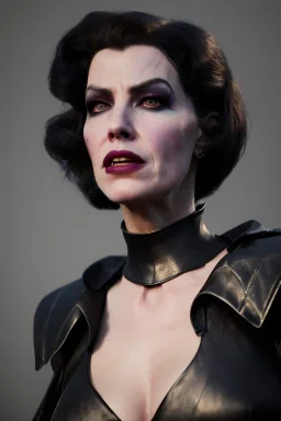 Kate Winslett as evil queen in black leather gown, cleavage, angry, stern look, unreal 5, octane render,cinema4d, dynamic lighting, dramatic lighting, 4k, redshift render, highly detailed, hyper realistic