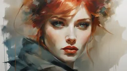 Athletic Petite Pale Russian Redhead Woman 30yo, Long Eye Lashes, Eye Shadow, Eye Liner, by Robert McGinnis + Jeremy Mann + Carne Griffiths + Leonid Afremov