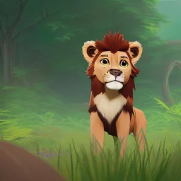 picture for children's book showing a cute lion behind tall grass in the jungle