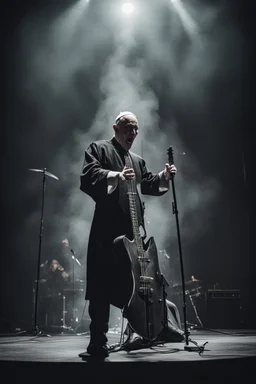 papež hraje na pódiu v blackmetalové kapale na baskytaru a řve do mikrofonu, ponurá atmosféra, veliká scéna koncertu, pentagram, obrácený kříž, veliký kontrast, hodně detailů, fotorealistické, RAW