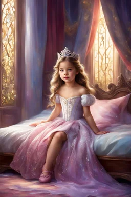 a little girl in a princess dress sitting on a bed, beautiful princess, fairytale artwork, disney artist, disney art, beautiful fantasy painting, sleeping beauty fairytale, very beautiful fantasy art, cgsociety 9, princess, fairy tale illustrations, realistic cute girl painting, photorealistic disney, princess girl, disney princess, fairy tale style background, princes jasmin, artificial intelligence princess