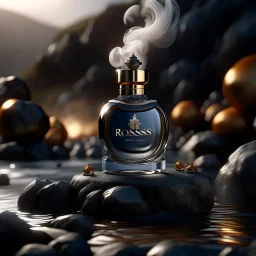 social media ad post for boss brand royal perfume .steam in the background. dramatic on rock cinematic croissant .cinematic,8k high cualitcy