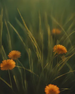 blades of grass and wild flowers in the style of film, light green and amber portraiture iconography, light orange and indigo, mamiya 7 ii, refractions of light