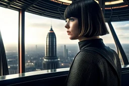 girl wearing black leather, shoulder-length bob, with fringe, in a science fiction building looking out over a large city