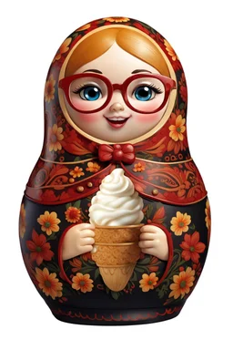 draw a Russian matryoshka doll in the style of Khokhloma, the matryoshka is smiling, the matryoshka has a icecream in her hands, a frontal angle, a picture on a white background, the matryoshka is drawn entirely, a highly detailed 3d picture